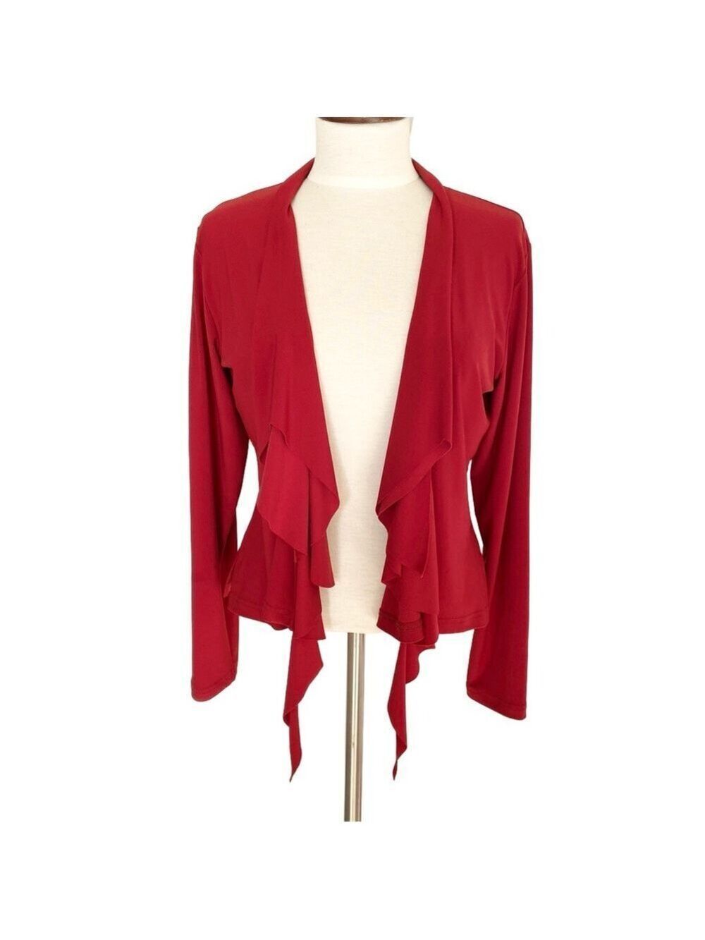 Sympli Red Stretch Jersey Draped Ruffle Open Front Cardigan Size 12